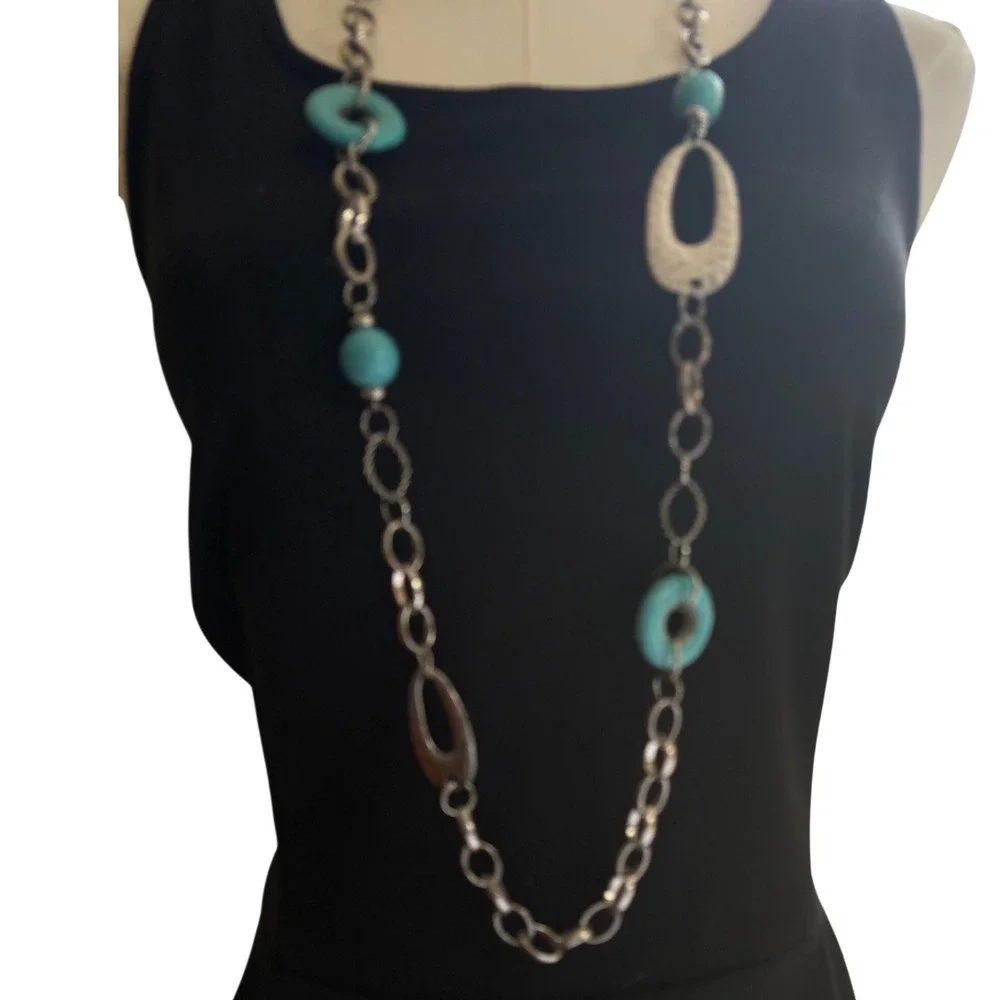 Silver Tone Long Turquoise Faux Stone Chain Necklace and Drop Earring‎ Set Boho